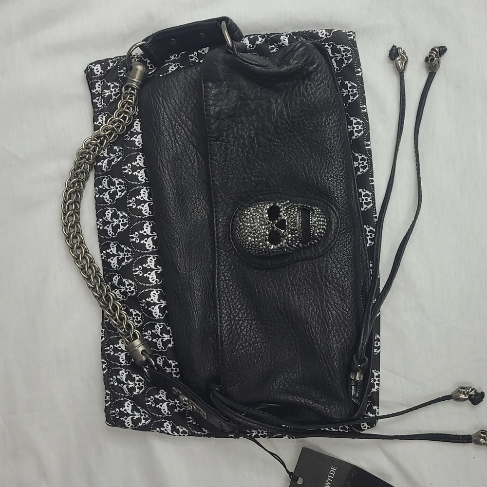 THOMAS WYLDE - Fairground Black Big Skull & Chain Leather Clutch Purse LUXURY
